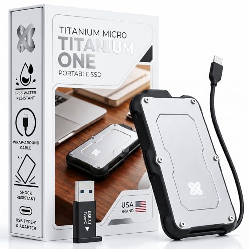 Titanium Micro 1TB External SSD, Titanium One Portable SSD - Up to 550MB/s, USB 3.2 Gen 2 USB-C USBA, Rugged IP66 Water Resistance, Drop Proof, External Solid State Drive Storage for PC Mac Smartphone