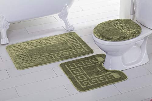 Elegant Home 3 Piece Bathroom Rug Set Bath Rug, Contour Mat, Lid Cover Non-Slip with Rubber Backing Greek Key Design Solid Color # Laura (Light/Sage Green)