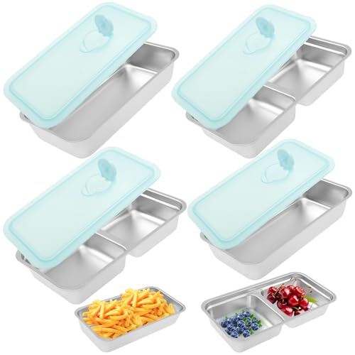 4PCS Grab and Go Snack Containers Reusable Stainless Steel Snack Box, Double Compartment Containers with Lids for Lunch Snacks Dips, Airtight Food Storage Container for Takeout Outdoor Camping Travel