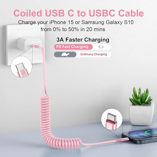 Image of USB C to C Cable 6FT, 2Pack Coiled USB C Fast Charging Cable for Car, CarPlay iPhone USB-C Cable /Android Auto USB C Cord, USB Type C Cable for iPhone 17 /16 /15 /Pro Max /Samsung Galaxy S23 and More-Pink