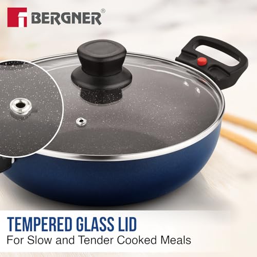 Image of Bergner Sherry Plus 5-Layer Non-Stick Coating 6 Pcs Cookware Set with Induction Bottom and Detachable Handle, 24cm /2.5L Kadai with Lid, 24cm /1.6L Frypan, 25cm Dosa Tawa, 2 Nylon Spatulas (Navy Blue)