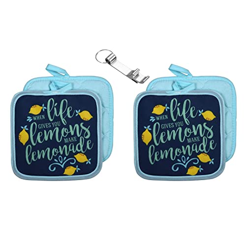 4Pk Lemon When Life Gives You Lemons Make Lemonade Decorative Nature Print Potholder Set Hotpad Pot Holder For Cooking Baking Decorating 7 X 7 Inch + Free Aluminum Bottle Can Opener #TOP16