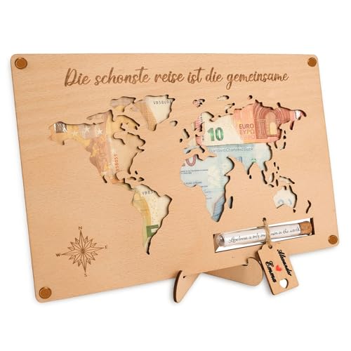 I LOVE MOM Geldgeschenk Holz, Geldgeschenk Hochzeit Weltkarte, Einzigartiges Hochzeitsgeschenk für Brautpaar, Paargeschenk Personalisierbar Geldgeschenke Verpackung für Hochzeits, Flitterwochen