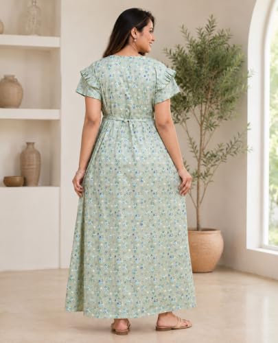 Image of Women's Pure Cotton Maxi Nighty, Floral Print, Short Sleeve Night Gown Adjustable Back BeltSoft Breathable Full-Length Sleepwear & Lounge Wear