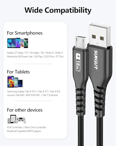 Image of SUNGUY Micro USB Cable 3FT [3Pack], 18W USB to Micro USB Cable Fast Charging USB 2.0 Data Sync Nylon Braided for Samsung Galaxy S7 Edge S6, Power Bank, Android Phone, PS4-Black