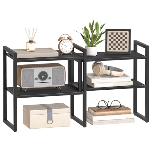 HOOBRO Desk Shelf Organizer,Adjustable Desk top Organizer Shelf, 2-Tier Shelf for Top of Desk, Small Desk Shelf Organizer, Wooden Office Storage Rack, for Office, Study, Kitchen, Dorm, Black BB39SJ01