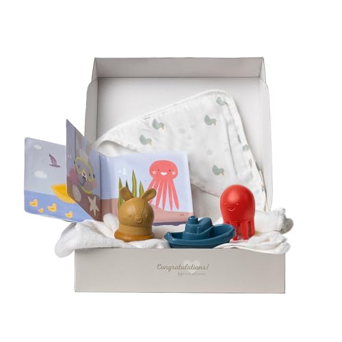 Image of Taf Toys Bath Time Kit for Babies - Including Bath Book, Cotton Hooded Towel, Squeaking Bath Toys, Boat Toy - with 5-Piece Newborn Essentials, Baby Boy Bath Gift Set Baptism Gifts