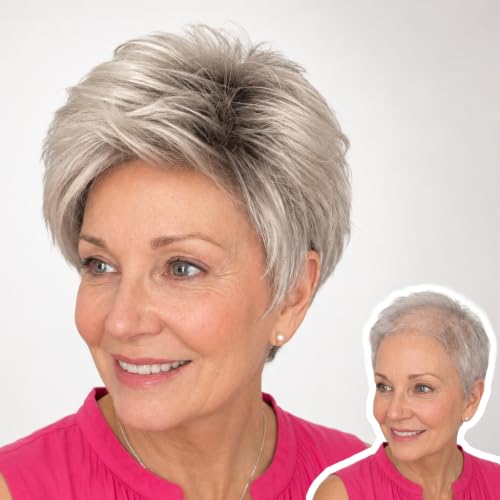 WIGYY Silver Ash Blonde Pixie Cut Wig for White Women – Short Curly Synthetic Wig with Bangs, Glueless New Cap Design, Lightweight Heat-Resistant Daily Wig