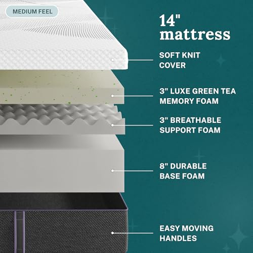 Image of Sleep Innovations Shiloh 14 Inch Green Tea Memory Foam Mattress, California King Size, Bed in a Box, Medium Feel