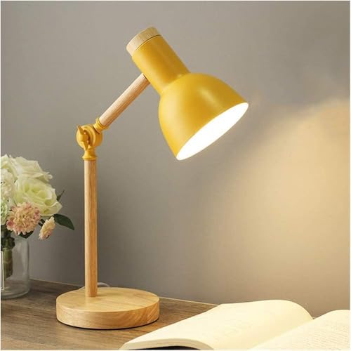 Bedside Table Lamp, Modern Wood Desk Lamp with Metal Shade, Adjustable Bedside Table Light for Office, Study Room, Bedroom, Living Room, Kids Room & Reading (Yellow)