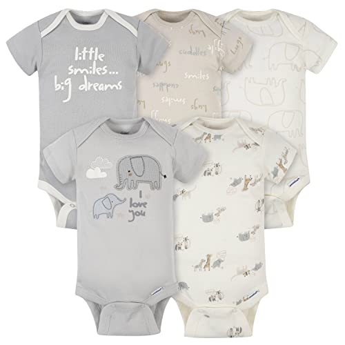Image of Gerber Baby 5-Pack Variety Onesies Bodysuits (Grey Elephant, Newborn)