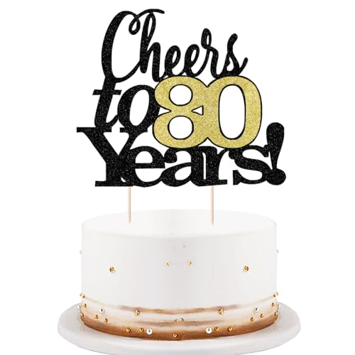 LVEUD Black Font Golden Numbers Cheers to 80 Years Happy Birthday Cake Topper -Wedding,Anniversary,Birthday Party Decorations (80th)