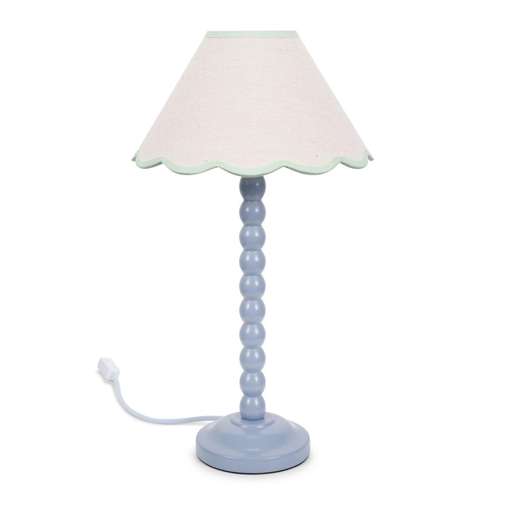ValueLights | Powder Blue Bobbin Stem Table Lamp with Green Trim Scallop Shade | Home Décor, Bedside & Desk Lamp
