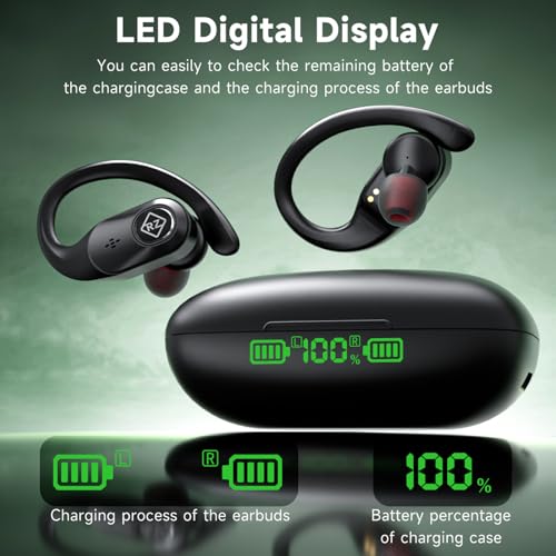 Wireless Earbuds Bluetooth Headphones 96H Playtime LED Display Waterproof Built in Mic Deep Bass Sound Secure Over Ear buds Earhooks for iPhone Android Samsung Cell Phones Sport Running Workout Gaming