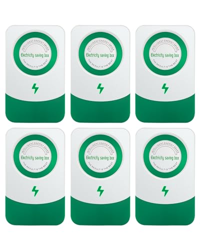 Electricity saving boxes displayed in a grid, featuring green and white design with a lightning bolt symbol, related to energy-saving technology for smart homes.