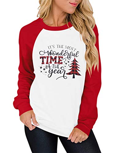 Fanyarie Its The Most Wonderful Time The Year T Shirt Women Plaid Christmas Tree Tee Tops Letter Print Long Sleeve Holiday Shirt 3A13-SD013-hongbai-S