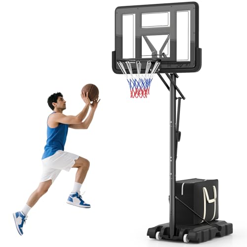 GYMAX Basketballkorb Outdoor, Korbhöhe 245-305 cm höhenverstellbar, Basketball Korb mit Ständer, 2 Rädern & Gewichtssack, Mobile Basketballanlage für Kinder, Erwachsene