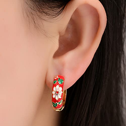Colorful Bling Vintage Enamel Flower Small Hoop Earrings Retro Japanese Style Flowers Ear Clip-On For Women Delicate Jewelry Mother'S Day Gift Thanksgiving Gift-A Red thumb #1