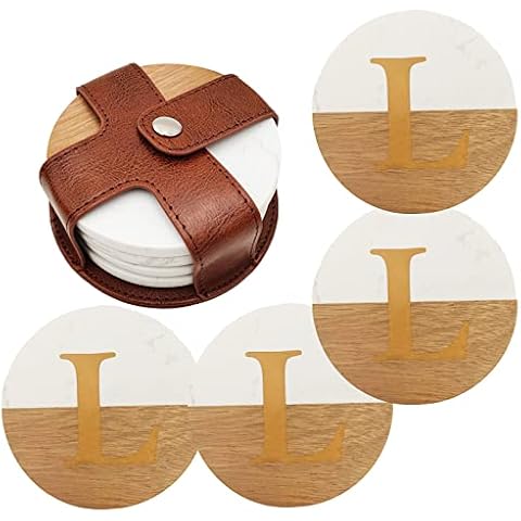 Wood and Marble Coasters with Leather Holder ，4Pcs White Coaster with Gold Initials for Office and Home Use, Perfect Monogram Gifting or Collecting, Capital Initial Cover