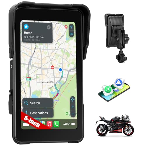 SIXWIN Senza Fili Schermata Carplay Per Moto, Portatile CarPlay & Android Auto Per Moto, 5 Pollici Impermeabile IP68 Touchscreen,Supporto Doppio Bluetooth, Navigazione GPS, Controllo Vocale(Verticale)