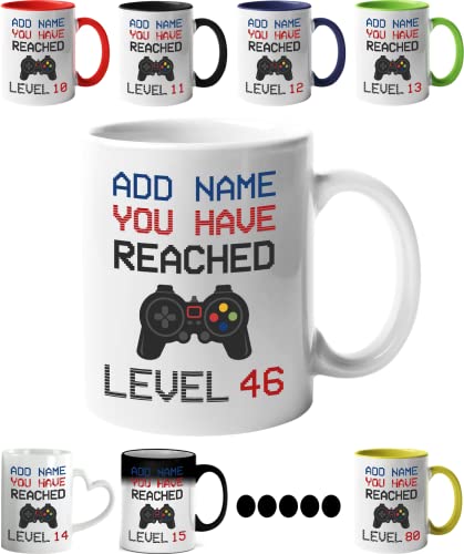 Mr Jeans 46th Birthday Gamer Gift - Personalised Mug/Cup - Add Name - Level 46 Gamer Mug, Birthday Gifts for Boys or Girls, Novelty Mug, Video Game Design, Gaming Gifts for Him or Her