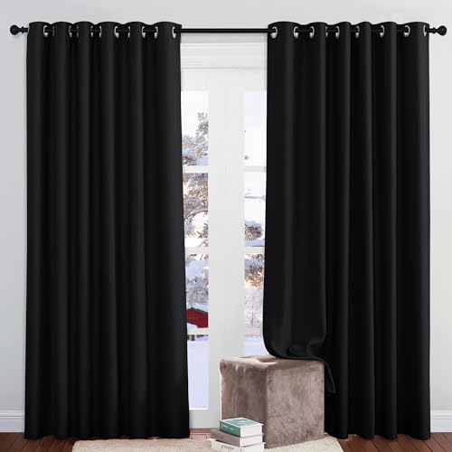 PONY DANCE Extra Breite Vorhänge Blickdicht Thermogardinen Kälteschutz | 2er Set H210 x B200cm, Schwarz, Gardinen Verdunkelung, Gardine für Große Fenster, Sichtschutz, mit Ösen, fü