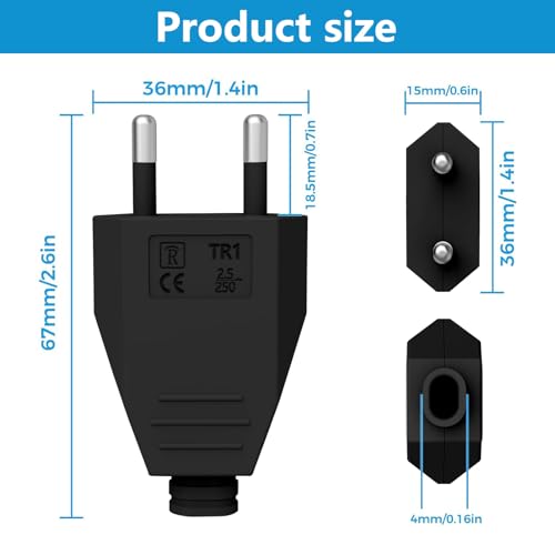 4 Stück Eurostecker Flach, Eurostecker Flach 250V 2.5A,Stromstecker Flacher, Eurostecker Flach, Flachstecker, Schuko Stecker Flach, Stromstecker für Europa (schwarz)