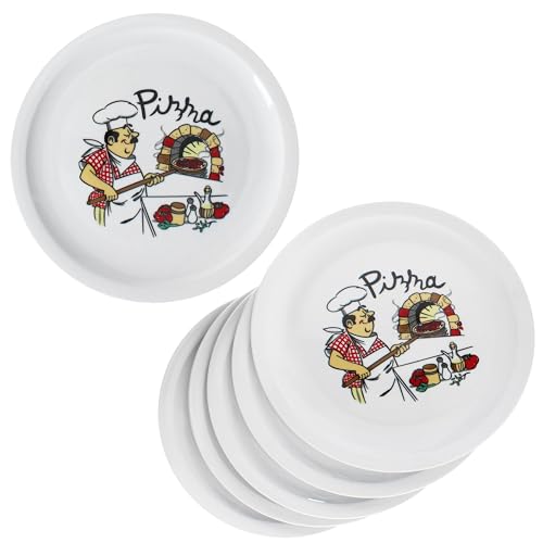 MamboCat Zestaw 6 talerzy do pizzy Mario XXL I Ø 33,5 cm I dla 6 osób I białe duże talerze do pizzy z porcelany z motywem piekarza I do pizzy lub do przyrządzania I duże talerze obiadowe, półmisek do