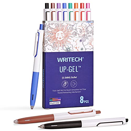 Image of WRITECH Retractable Gel Ink Pens: Multicolor 0.5mm Fine Point Pen No Smear & Bleed for Journaling Sketching Drawing Notetaking Extra Smooth Writing Silent Click Pen Set Up-Gel 8ct