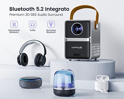 【Tiro Corto】Mini Proiettore WiFi Bluetooth 18000 Lumen Proiettore Portatile, WiMiUS Mini Proiettore Supporta 1080P Full HD Videoproiettore 5G WiFi per Home Cinema, iOS/Android/Loptop/USB/PS5/AV - Immagine 3