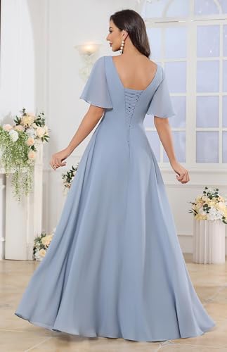 Square Neck Flutter Sleeve Bridesmaid Dresses for Women Long Slit A Line Chiffon Formal Evening Gown3