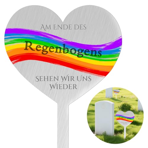 LURICO Grabstecker Wetterfest, Grabdeko Edelstahl, Grabstecker Personalisiert, mit Spruch Am Ende des Regenbogens Sehen Wir Uns Wieder, für Gärten Höfe, 28cm