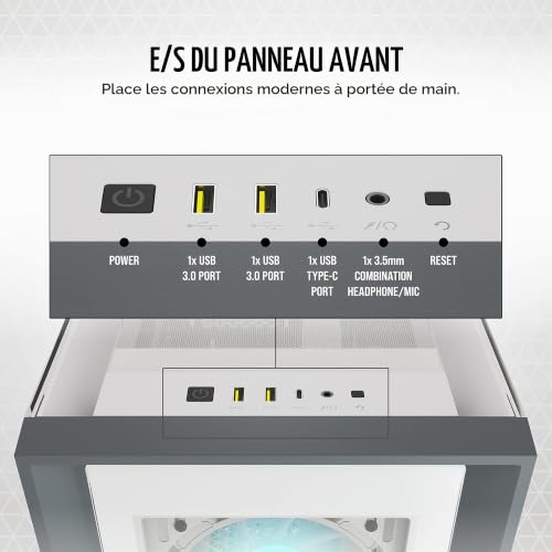 Corsair iCUE 5000X RGB Moyen-Tour Connecté en Verre Trempé Boîtier (Quatre Panneaux en Verre Trempé, Système de Câbles RapidRoute, Trois Ventilateurs RGB de 120 mm Inclus, Éclairage Intelligent) Blanc