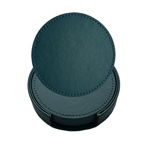Set of 6 Leather Coasters, 4'' Drink Coaster with Holder, Round Coasters for Home Office Bar Desk Tabletop Protection, Rustic Outdoor Decorative (Green)