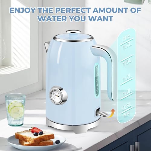 Image of SUSTEAS Electric Kettle - 57oz Hot Tea Kettle Water Boiler with Thermometer, 1500W Fast Heating Stainless Steel Tea Pot, Cordless with LED Indicator, Auto Shut-Off & Boil Dry Protection, Blue
