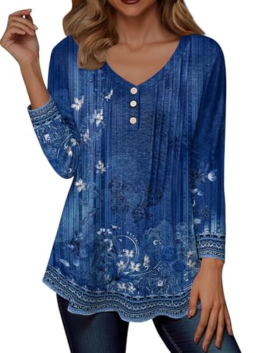 Zeagoo Womens Long Sleeve Tops V-Neck Loose Fit Shirts Pleated Print T-Shirts Dressy Casual 2025 Tunics3