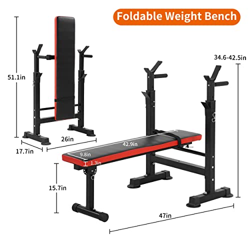 Adjustable Weight Bench With Barbell Rack Folding Workout Station Foldable Bench Press Workout Bench W/Dip Station&Curl Bar Weight Lifting Bench Strength Training Bench For Home Gym #TOP6