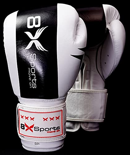 8XSports Boxhandschuhe, Trainingshandschuhe, hochwertiges Leder, Trainings-Boxhandschuhe, Kickboxen, Sparring-Kämpfe, zwei Farben - 227 g (schwarz und weiß, 284 g) Cover