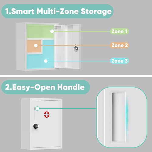 POKIPO Locking Medicine Cabinet, Empty Metal Medicine Storage Box Wall Mount with All-Metal Digit Lock Keyless, Bathroom Cabinet Organizer Over The Toilet, First Aid Box for Home School Business - Thumbnail 6