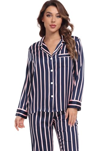 Image of Serenedelicacy Women's Satin Pajama Set Long Sleeve Button Down Sleepwear 2-Piece Silky Pj Set