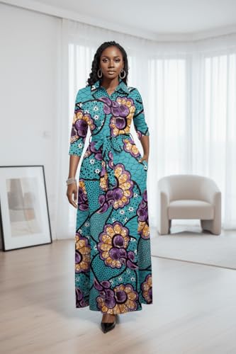 Image of Runwind Women Church Maxi Dresses 3 /4 Sleeve Button Down Print Casual Office Dress African