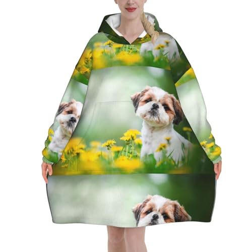 Sweat à capuche couverture Shih Tzu en flanelle unisexe avec grande poche de style plaid