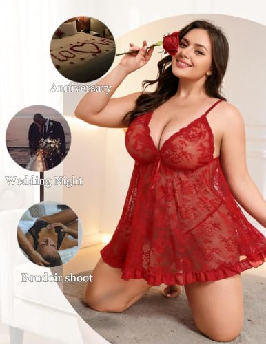 Avidlove Plus Size Sexy Lingerie for Women Sheer Chemise Burgundy Red Large - image 6