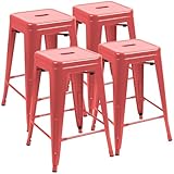 JUMMICO 24 Inches Metal Bar Stools Industrial Barstools Stackable High Backless Stools Vintage Indoor Outdoor Stackable Kitchen Stools Set of 4 (Red)