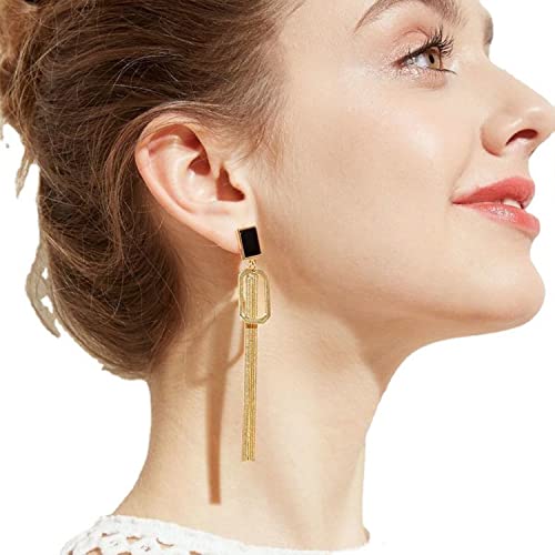 Chic Gold Long Tassel Dangle Drop Earrings Unique Fashion Geometric Black Square Metal Chain Earrings Statement Jewelry for Woman Girls4