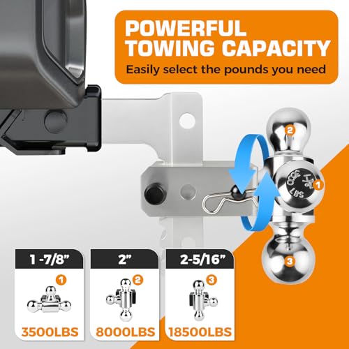 Kingfun Adjustable Trailer Hitch - Fits 2 Inch Receiver, Tri-Ball (1-7/8\" X 2\" X 2-5/16\") 6-Inch Rise/Drop Hitch, 12500 Lbs Gtw Heavy Duty Aluminum Truck Tow Hitch with Anti-Theft Pin (Silver)