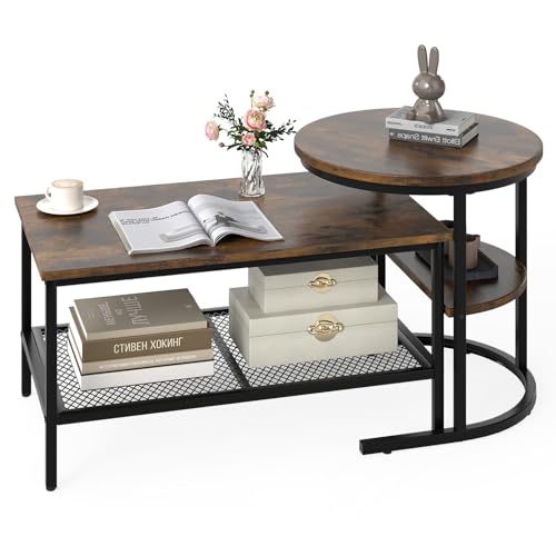 Image of COSTWAY Nesting Coffee Tables Set of 2, Faux Marble Stacking Sofa Side End Table with Storage Shelf, 2-Tier Metal Frame Accent Center Tea Tables for Living Room Bedroom Office (Black+Rustic Brown)