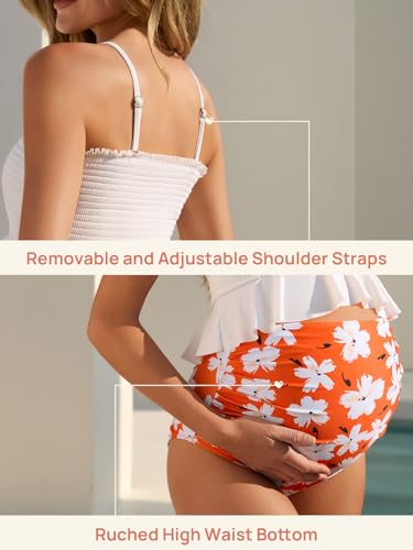 Image of Summer Mae Maternity High Waist Swimsuit Ruffle Hem Bikini Bathing Suit Shirred Bandeau Two Piece Pregnancy Swimwear