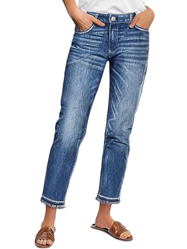 Flamingals Women Mid Waist Skinny Crop Jeans Raw Hem Wash Stretch Active Denim