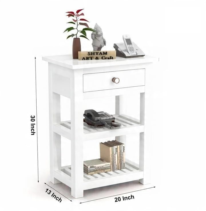 Image of SHYAM ART & CRAFT Solid Sheesham Wood Bedside Table with 2 Shelf & Drawers Storage for Bedroom Living Room Hall | Wooden Furniture Night Stand End Table for Home Office Hotels | White Finish